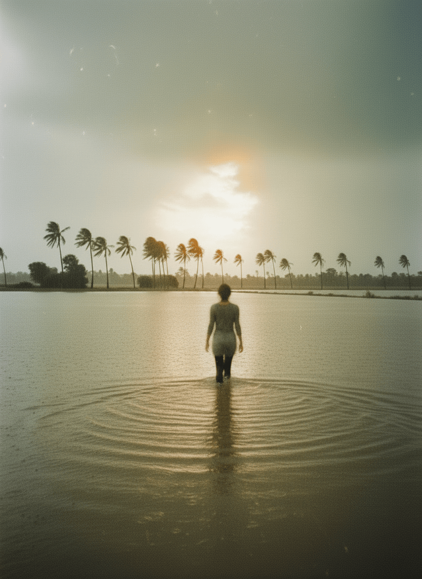 A lone figure seen from far behind, very small and out of focus against a vast flooded landscape in heavy rain. The figure is blurred, soft, barely distinguishable from the muted background — wearing clothes that blend into the grey-green floodwater and stormy sky, muted greys and faded greens, almost camouflaged. She walks slowly away into the distance, chasing something unreachable. The entire image has extreme analog film grain, heavy and textured like an old underexposed roll of Kodak Gold 200. Overcast stormy sky, palm trees bending in wind far in the distance. The mood is deeply wistful and longing. Warm, grainy film aesthetic — golden amber undertones bleeding through the grey, heavy grain, soft overexposure, faded and hazy. The figure should feel like she is dissolving into the landscape.