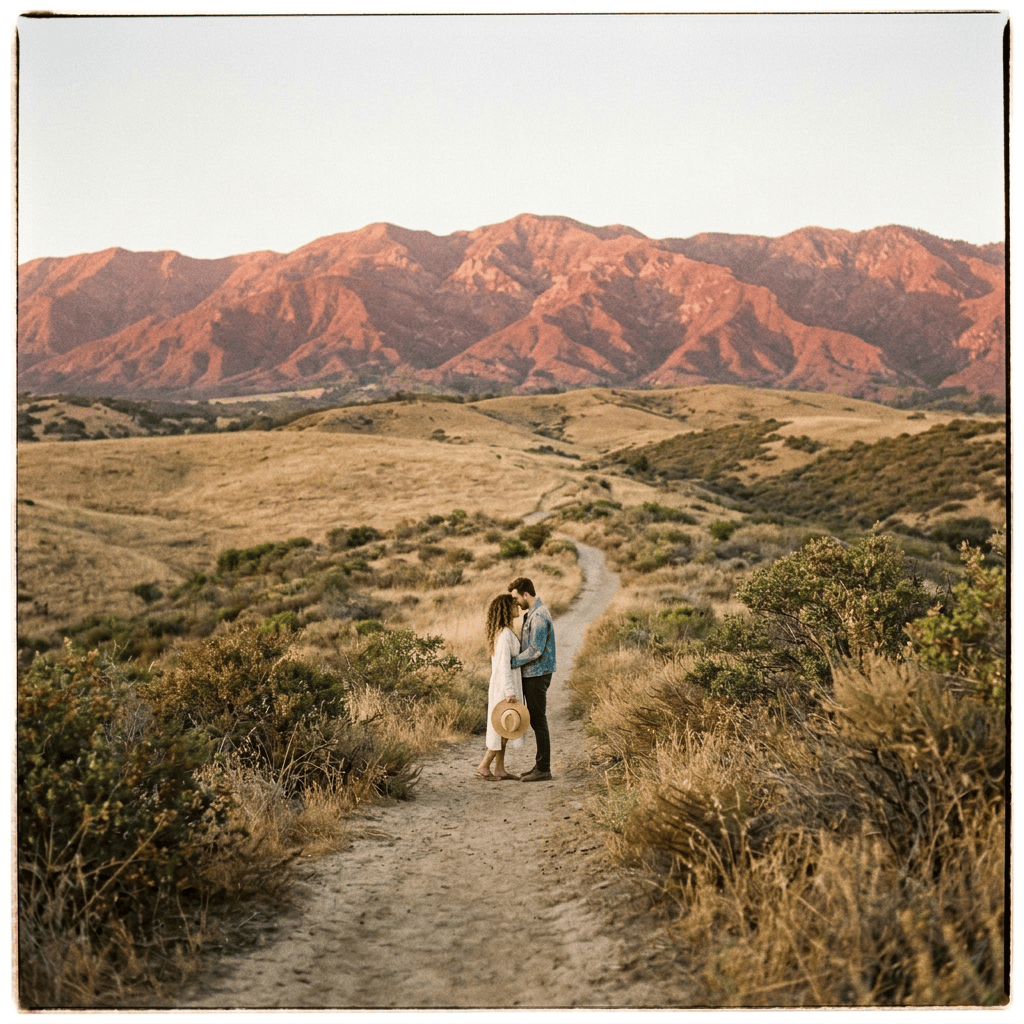 Couple embracing on a coastal trail overlooking the ocean
