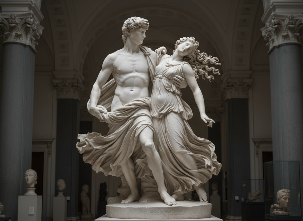 A Michelangelo-style classical marble sculpture scene featuring a man and a woman in the style of ancient Grecian statues. Dramatic Renaissance lighting, white marble, museum setting, highly detailed classical figures in the style of Michelangelo's sculptures.