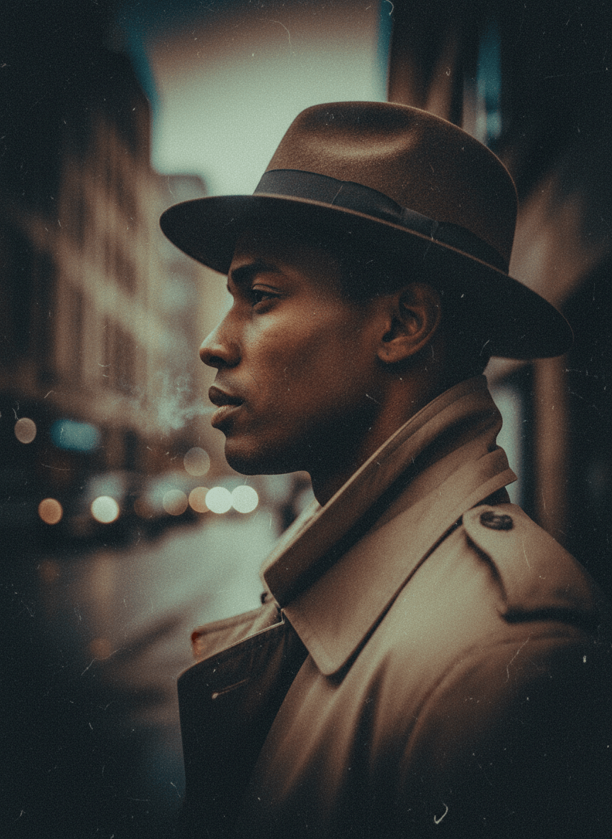 Artistic faded analog photograph of an attractive mixed race man in profile view, facing left. Film noir mood. Heavy film grain and noise throughout. Faded, washed-out tones with lifted shadows and crushed highlights — the look of an old overexposed 35mm print. Warm amber and sepia undertones bleed into cool shadow edges. The profile is sharp but wrapped in soft vignetting. Cinematic, intimate, melancholic. Shot on film aesthetic, grainy texture layered across the entire image.