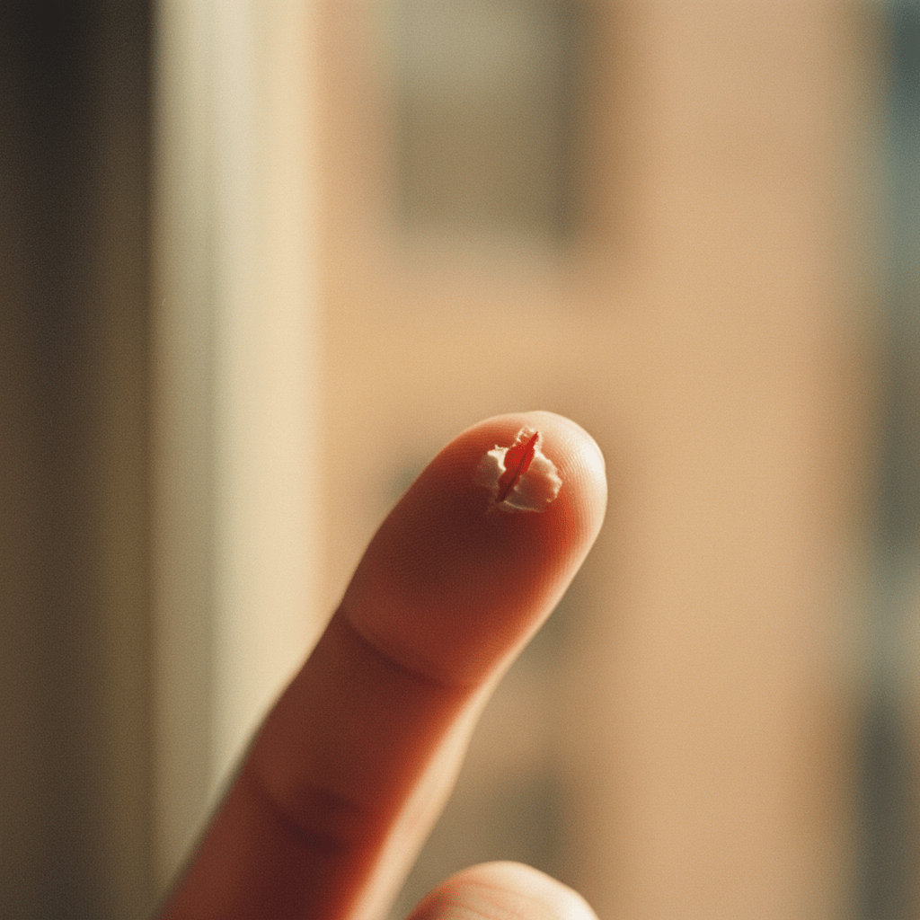 A close-up macro photograph of a papercut on a finger, shot on film with a warm, slightly grainy analog aesthetic. Soft natural lighting, shallow depth of field.