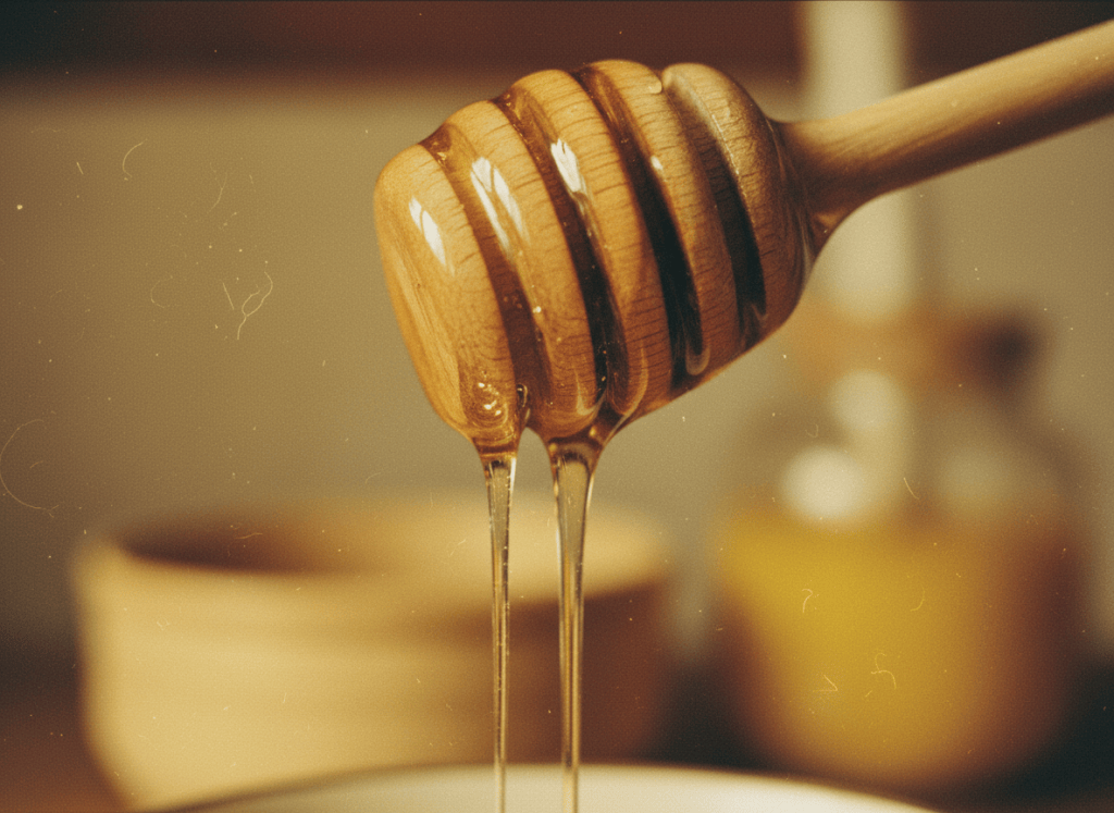 A close-up of honey dripping from a wooden honey dipper, shot on film with warm analog tones, grain, and a slightly faded vintage look