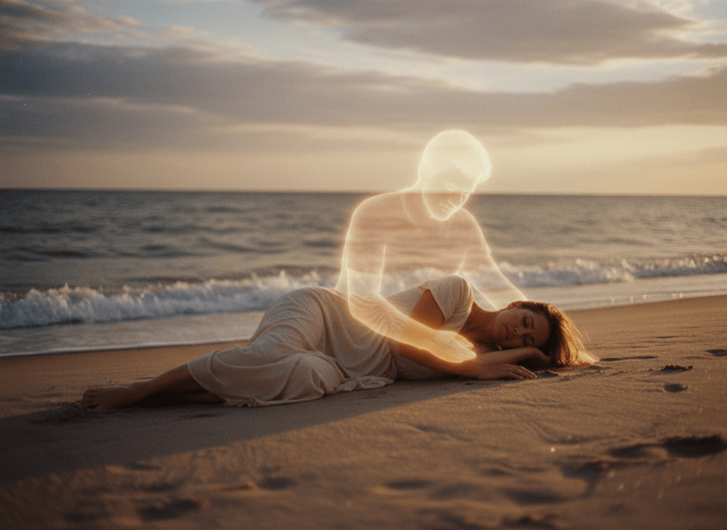 A woman sleeping peacefully on a sandy beach at dusk or golden hour, lying on her side with soft waves in the background. A translucent, ethereal ghost-like figure of a man — her deceased husband — is gently holding her from behind, his arms wrapped around her in a tender embrace. The ghost figure is semi-transparent, glowing softly, like a loving spirit watching over her. The overall mood is bittersweet, tender, and haunting. Shot in analog film style with warm grain, faded tones, soft light, and a nostalgic cinematic feel.