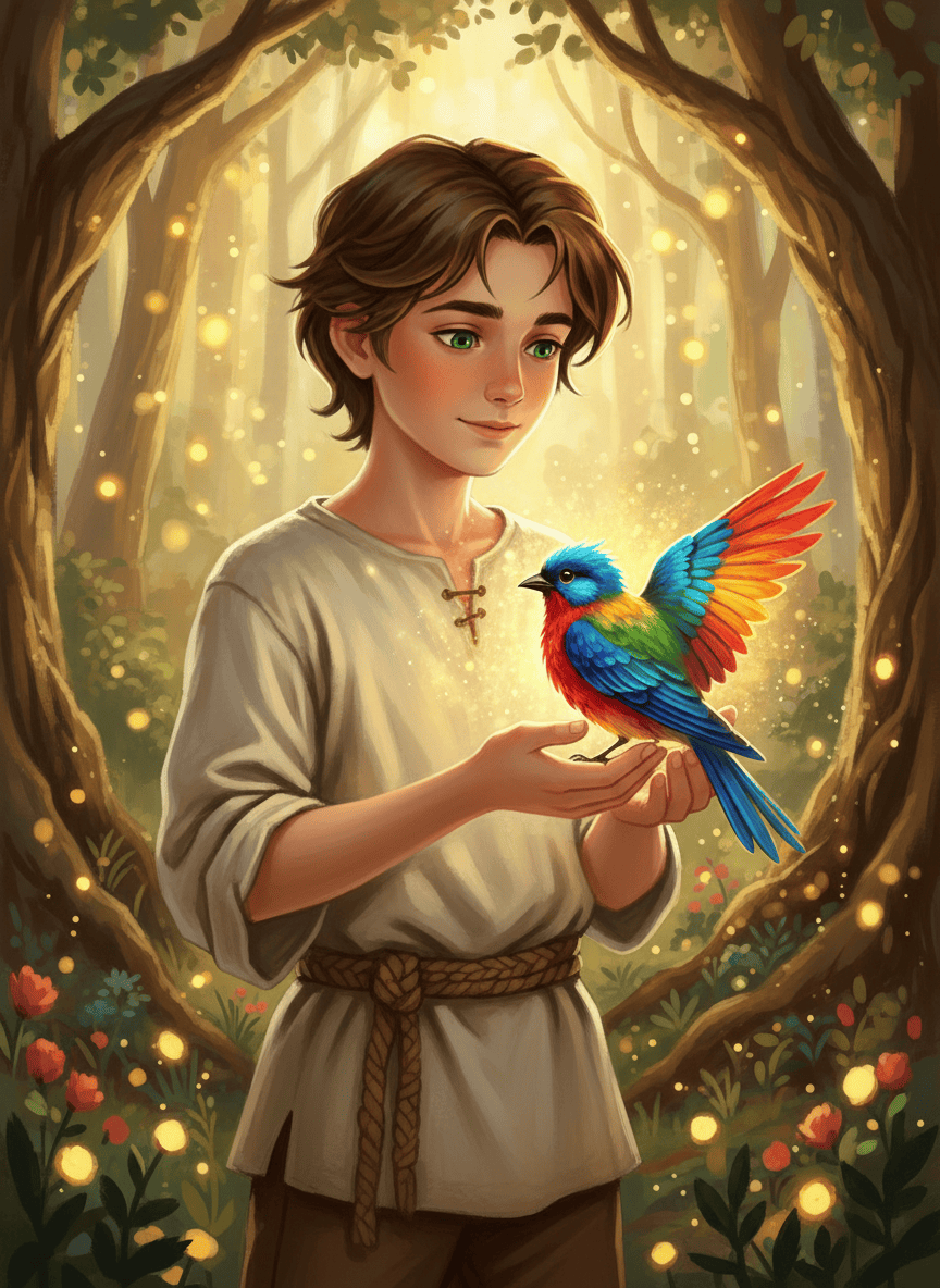 A fairytale storybook illustration of a young little boy, around 8-10 years old, with swept-back brown hair, green eyes, clean-shaven, wearing simple clothes, gently cradling a small colorful injured bird in his cupped hands. The bird is clearly injured with a drooping wing, ruffled feathers, but vibrant colorful plumage — bright blues, reds, yellows and greens. Soft magical golden light glowing around the bird, enchanted forest background with bokeh light, painterly storybook fairytale art style, warm golden tones.