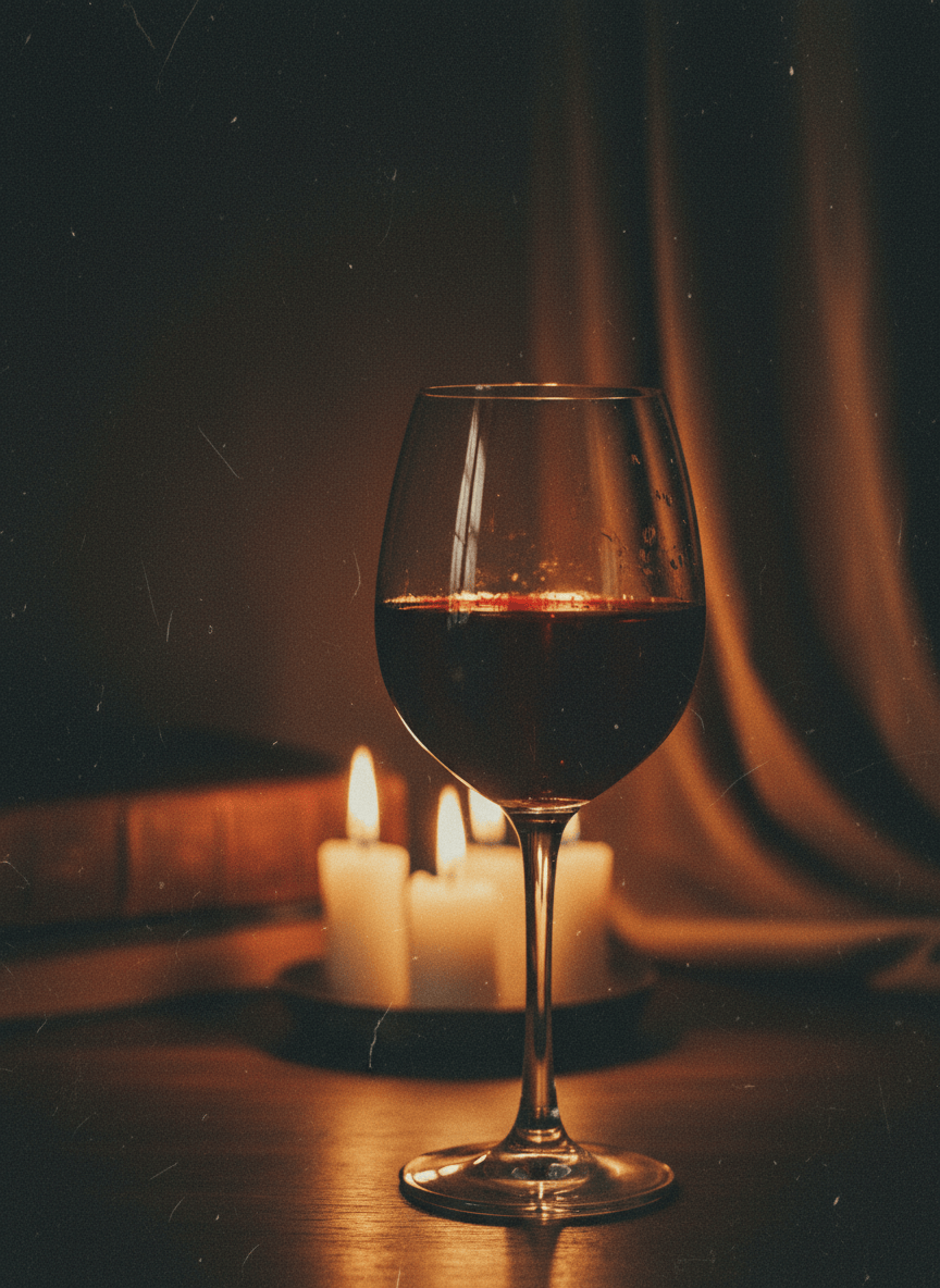 A sophisticated, artistic image of wine with an analog aesthetic — a glass of deep red wine with warm, film-grain texture, slightly desaturated tones, soft candlelight, dark moody background, reminiscent of analog photography or a vintage painting